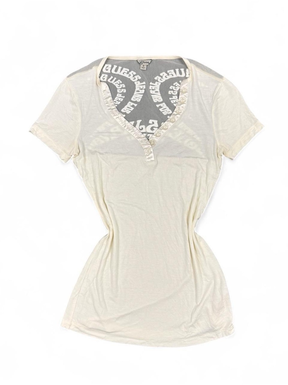 Guess off white Short Sleeve V-Neck Tee with Logo Back